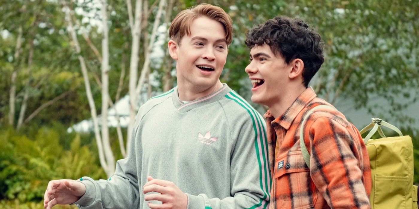 Heartstopper Season 3 image featuring Joe Locke and Kit Connor laughing together.