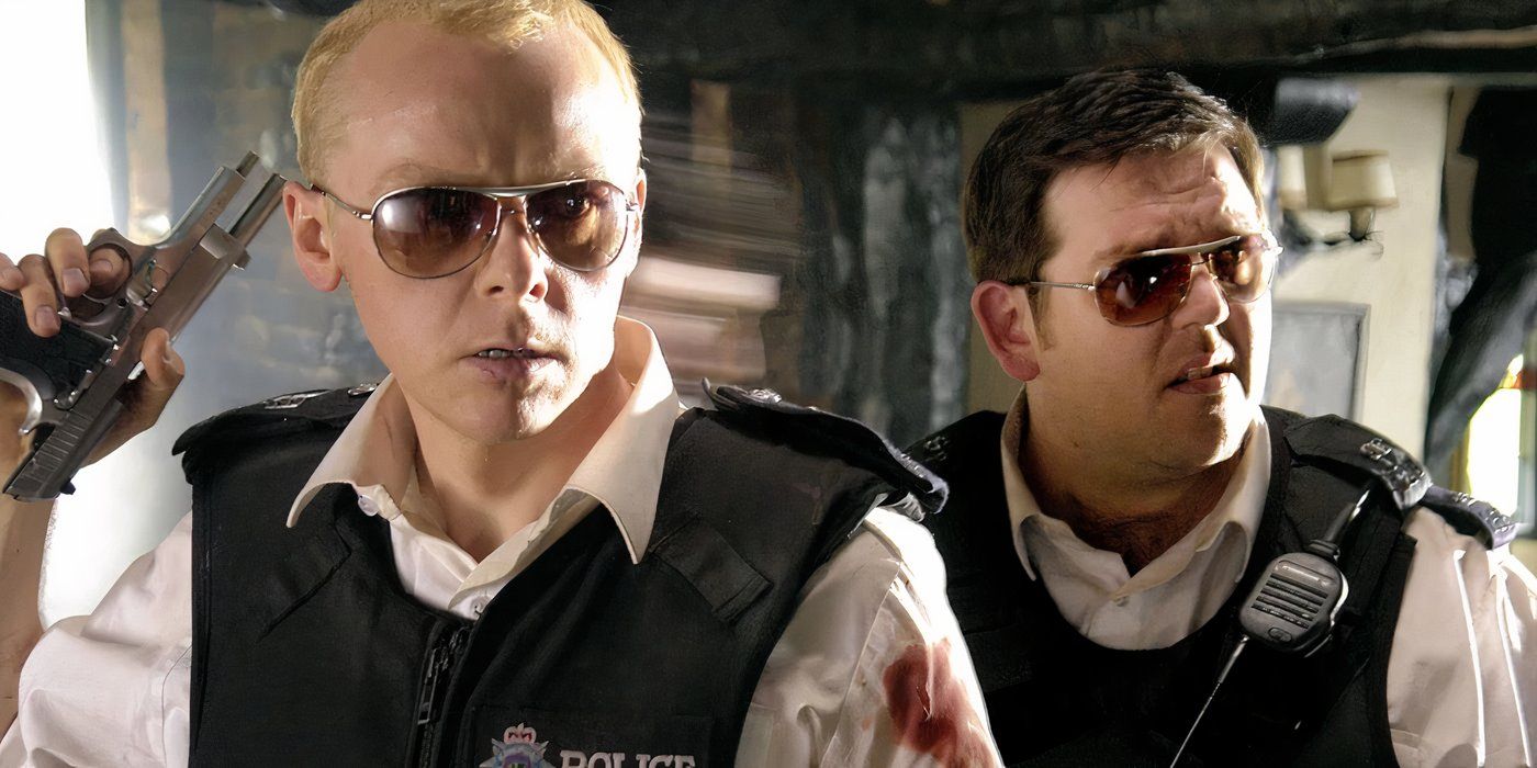 Simon Pegg and Nick Frost in police uniforms and sunglasses in 'Hot Fuzz'