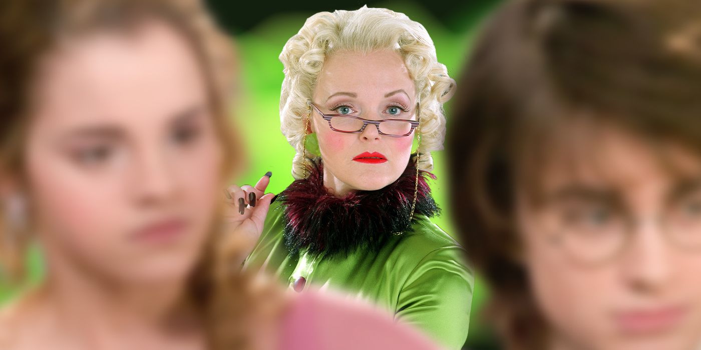 Rita Skeeter, played by actor Miranda Richardson, standing behind the blurred figures of Harry and Hermione, played by actors Daniel Radciffe and Emma Watson.