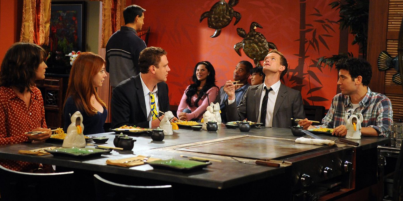 Robin, Lily, Marshall, Barney, and Ted sit around a table at a Japanese restaurant in 'How I Met Your Mother' Season 7, Episode 22 "Ducky Tie".