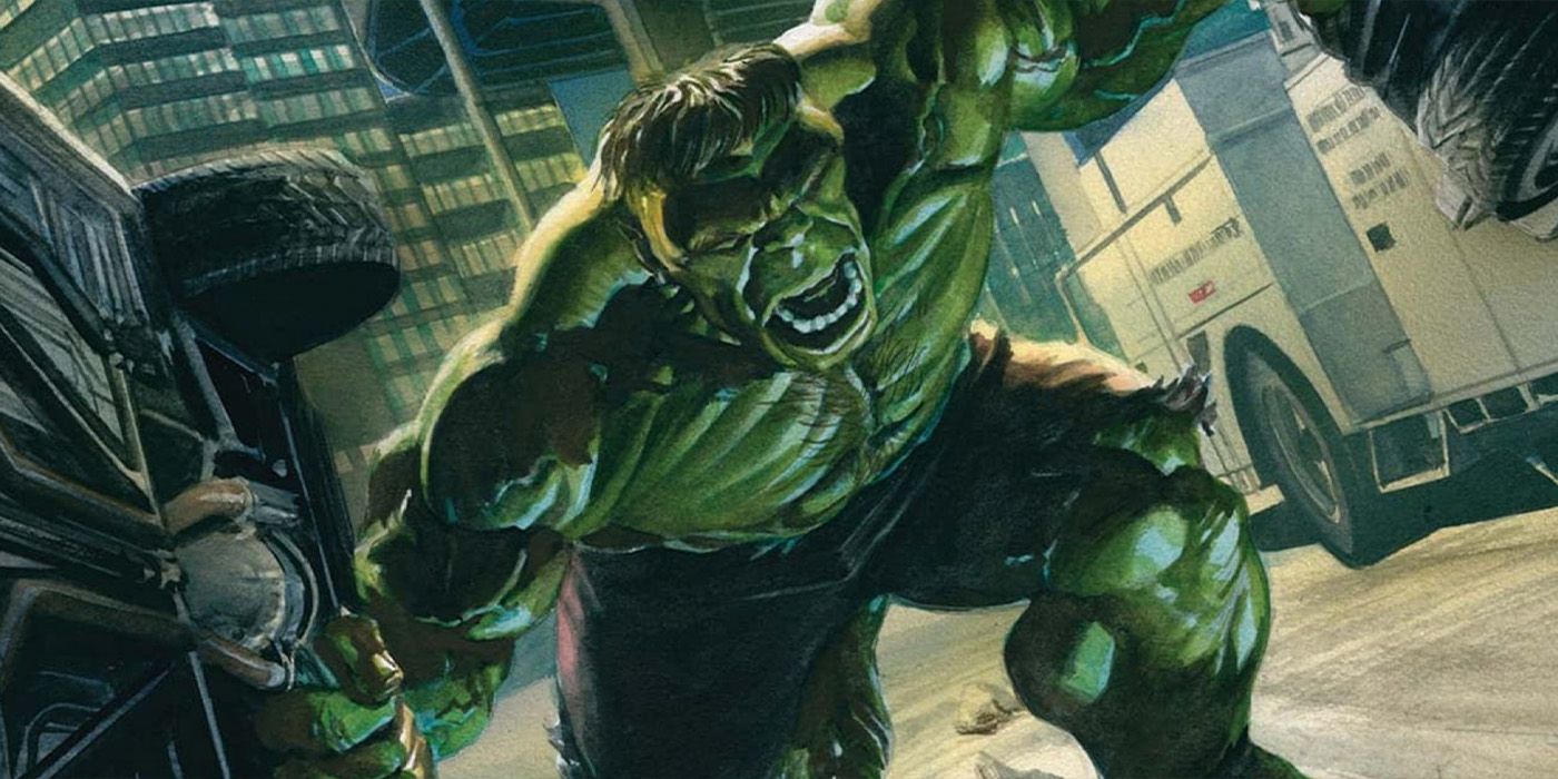 The Incredible Hulk carries a bunch of cars as drawn by Alex Ross.