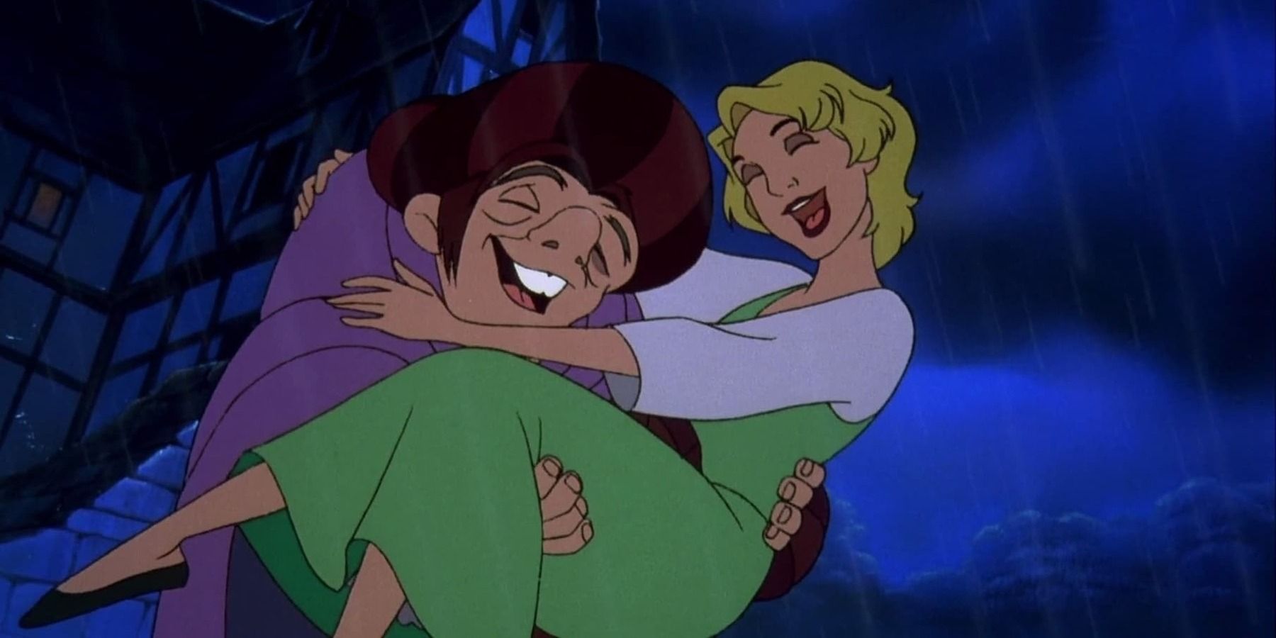 Quasimodo gleefully holding a blonde woman in his arms during a rainy night in 'The Hunchback of Notre Dame II'