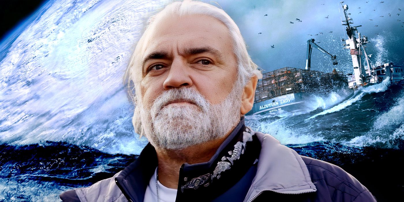 Deadliest Catch's Wild Bill Wichrowski with a Fishing Vessel and a hurricane behind him.