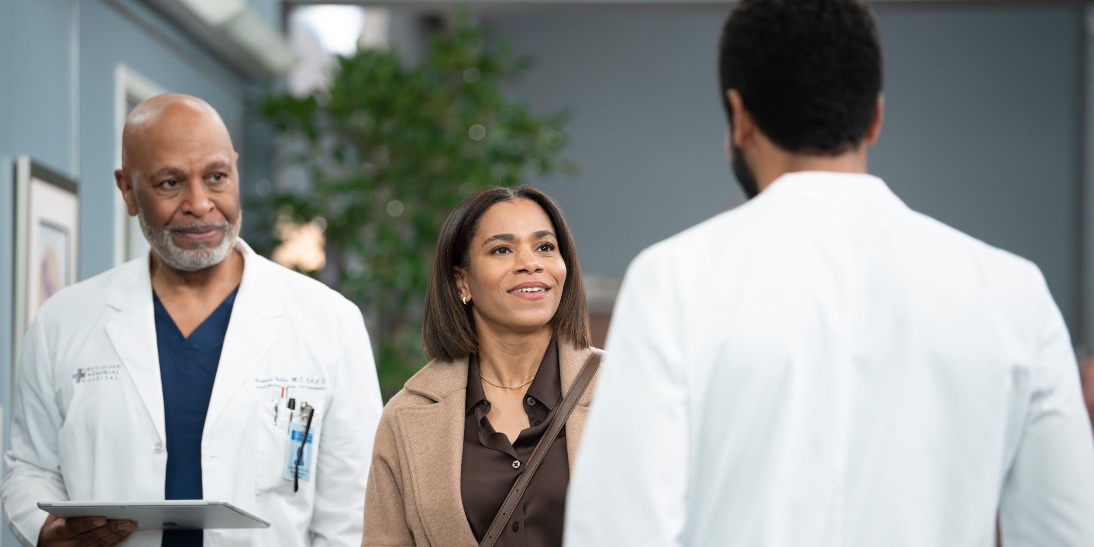 Maggie Pierce and James Pickens Jr. looking at Winston Ndugu in 'Grey's Anatomy' Season 20