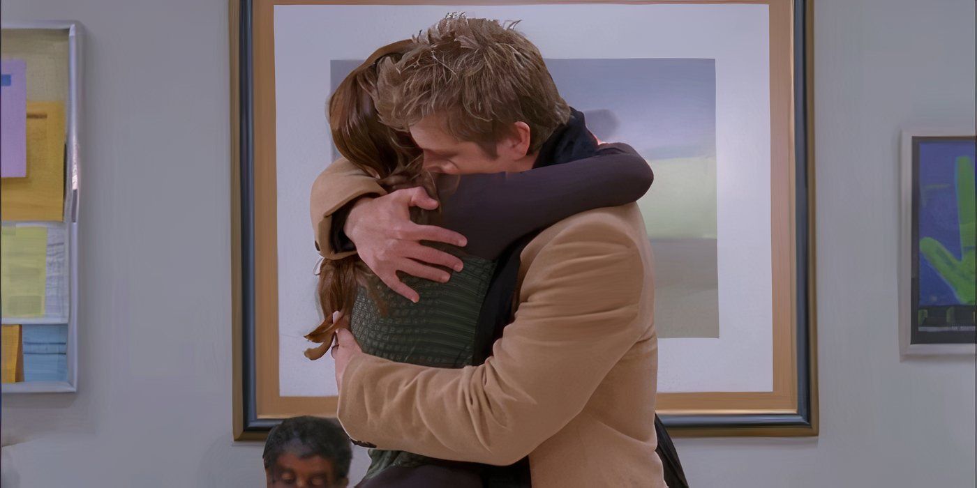 Alexis Bledel as Rory and Mat Czuchry as Logan hug in a hospital waiting room in Gilmore Girls.