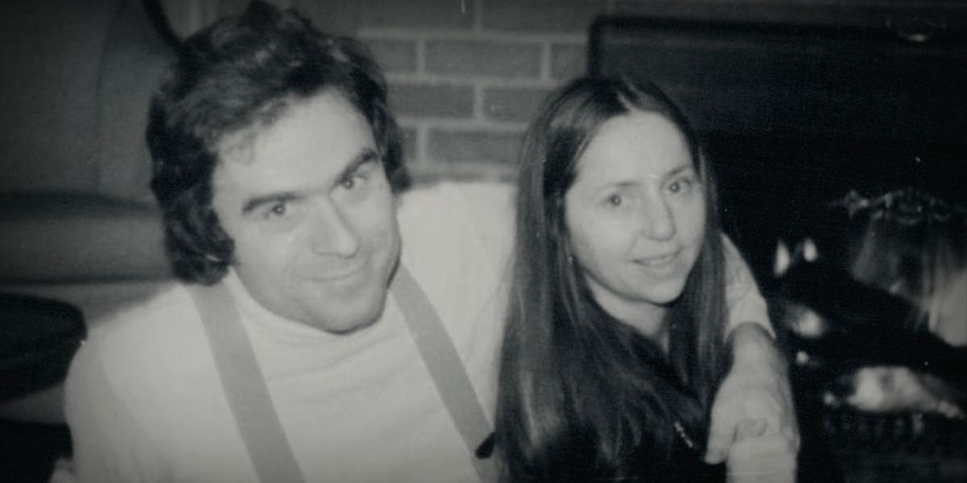 Black and white photograph of Ted Bundy and then-girlfriend Elizabeth Kendall featured in Conversations with a Killer: The Ted Bundy Tapes, episode 1.