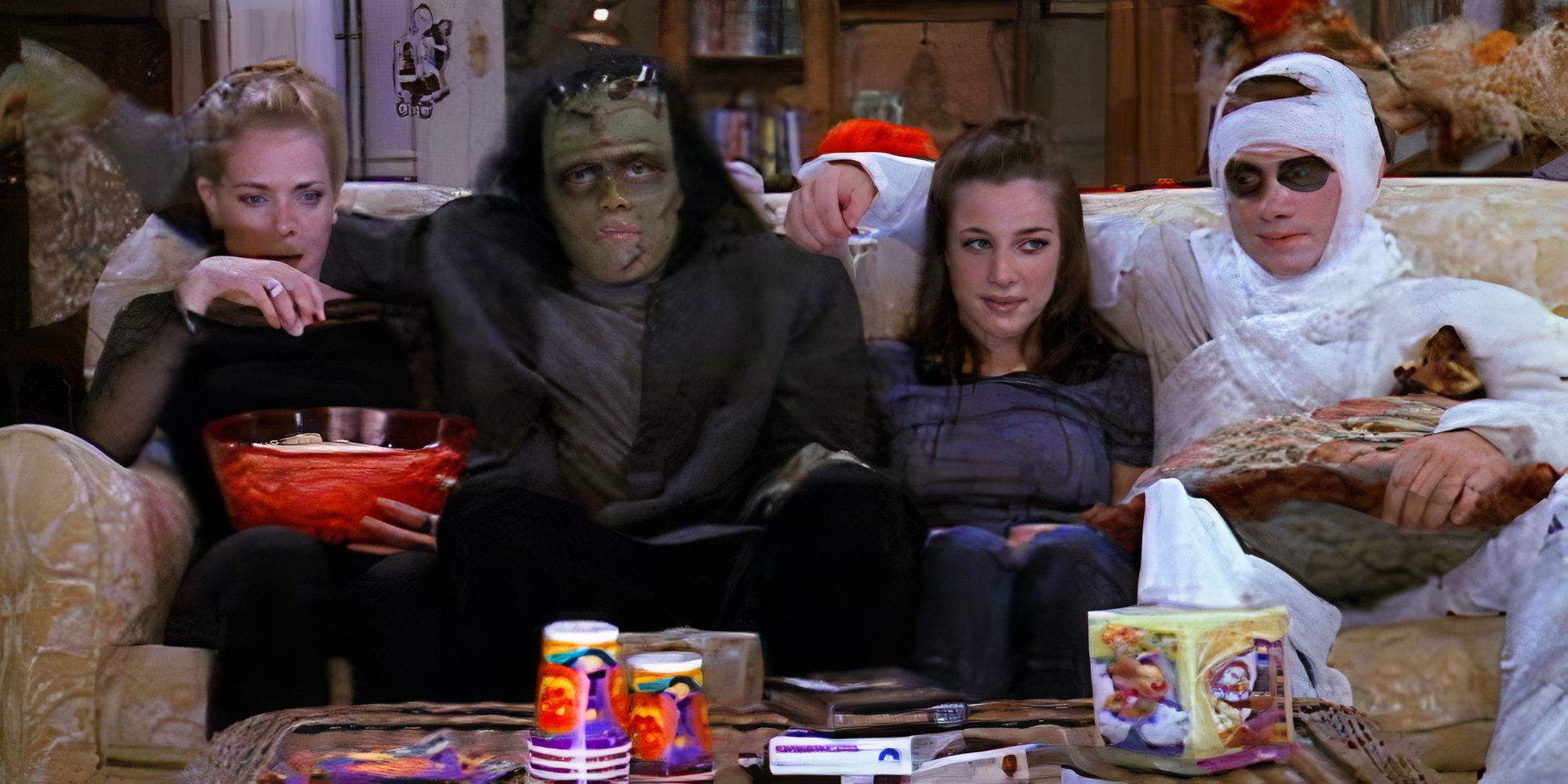 Sabrina (Melissa Joan Hart), Harvey (Nate Richert), Valerie (Lindsay Sloane) and Justin (Corbin Allred) watch a movie together.