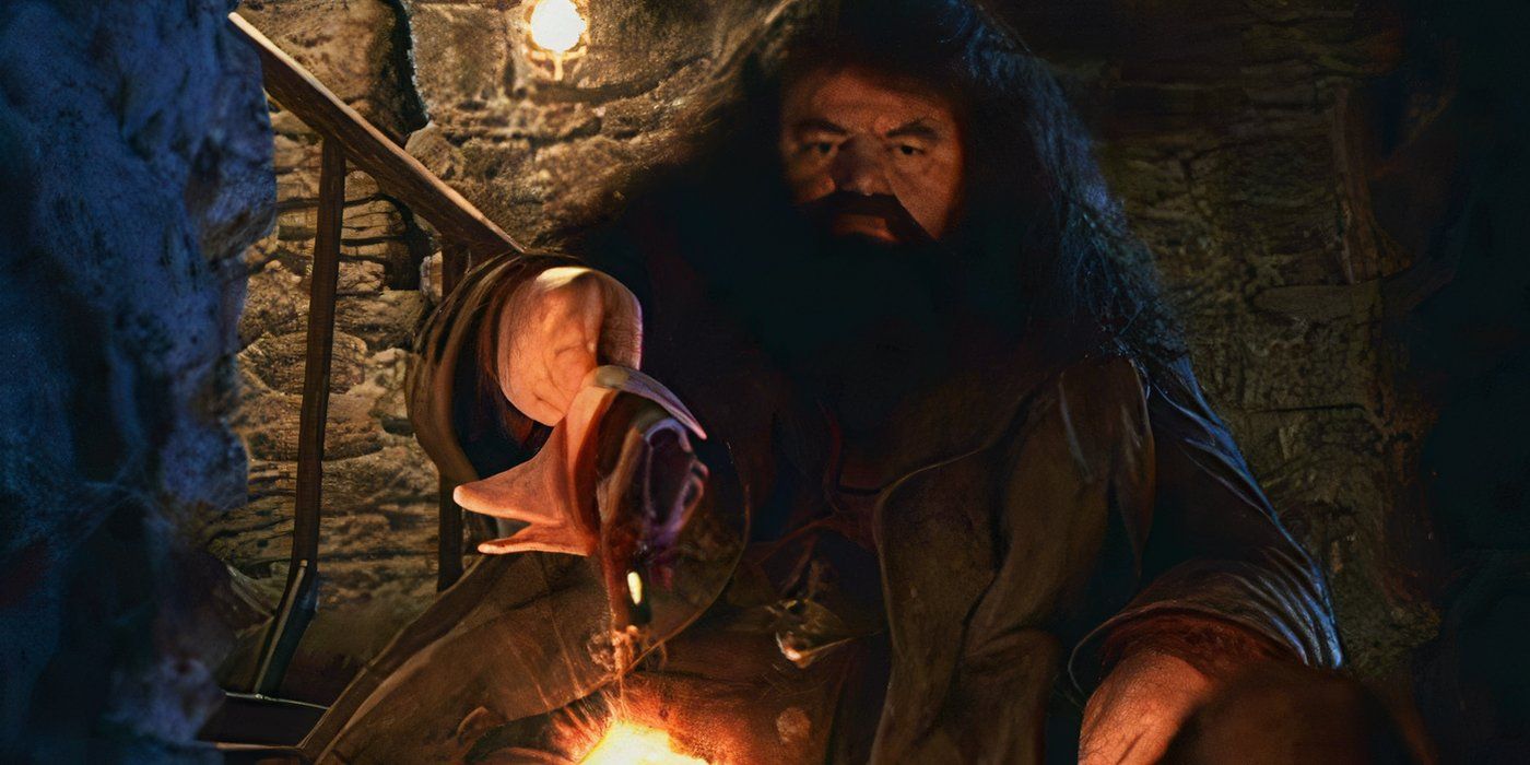 Hagrid, played by actor Robbie Coltrane, lights a hearth with Incendio in Harry Potter and the Philosopher's Stone