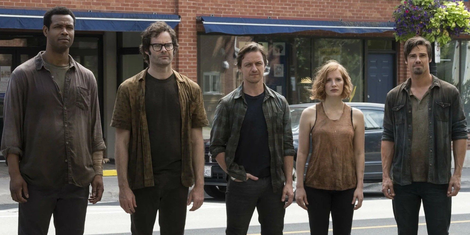 Isaiah Mustafa, Bill Hader, James McAvoy, Jessica Chastain, and Jay Ryan as Mike, Richie, Bill, Bev, and Ben in It Chapter Two