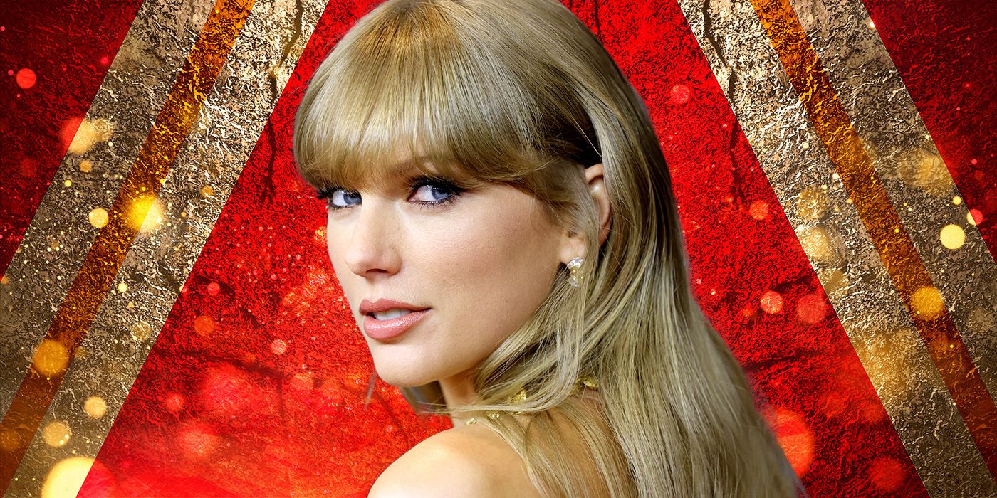 Taylor Swift with Kansas City Chiefs colors in the background