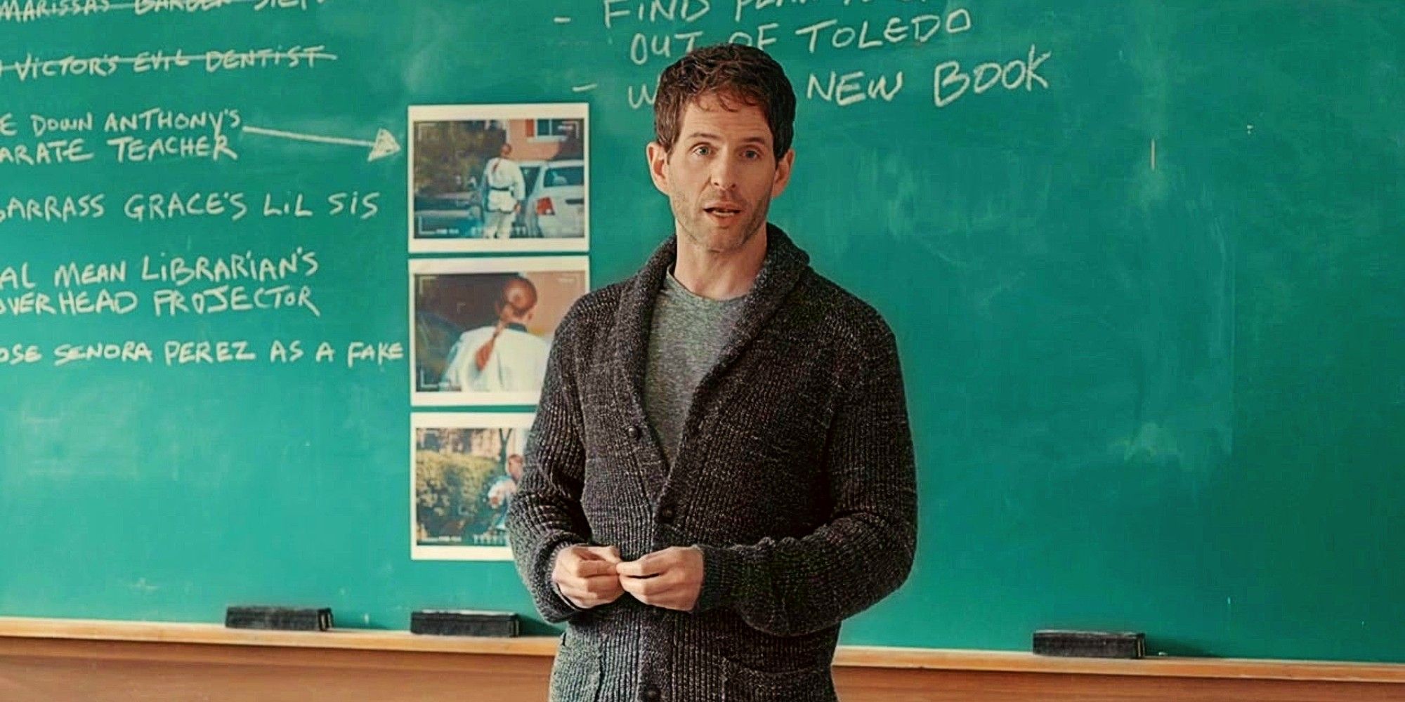 Glenn Howerton as Jack Griffin in front of a chalkboard covered in pictures and writing in A.P. Bio