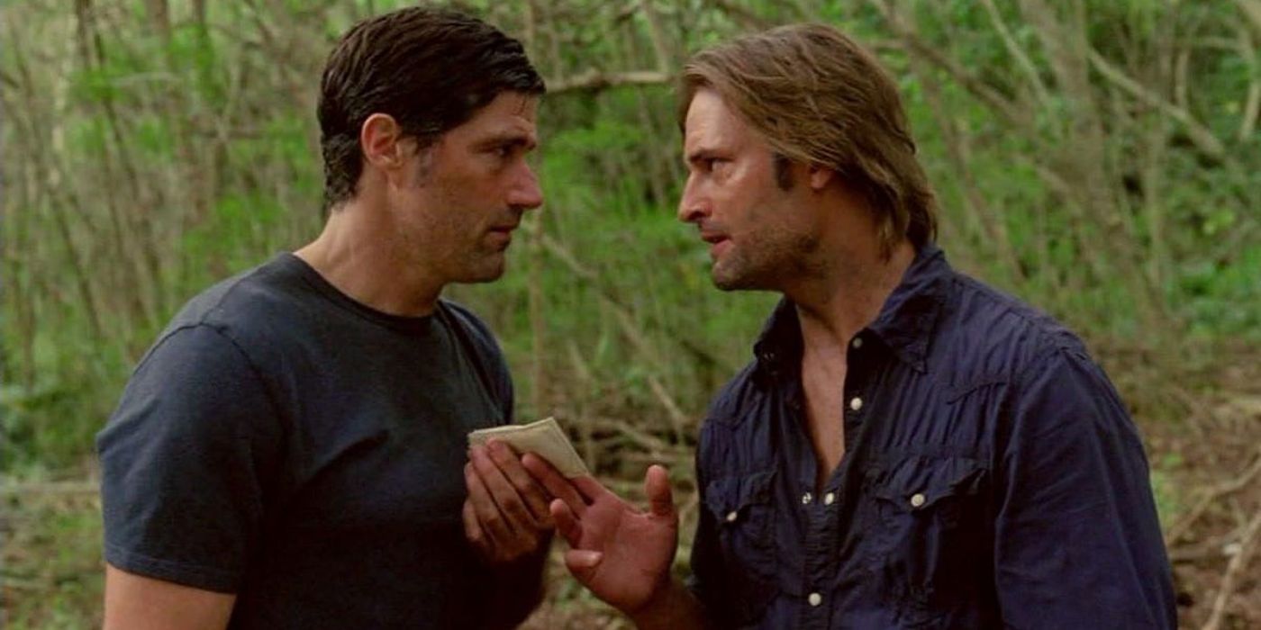 Jack and Sawyer looking at each other and arguing in Lost