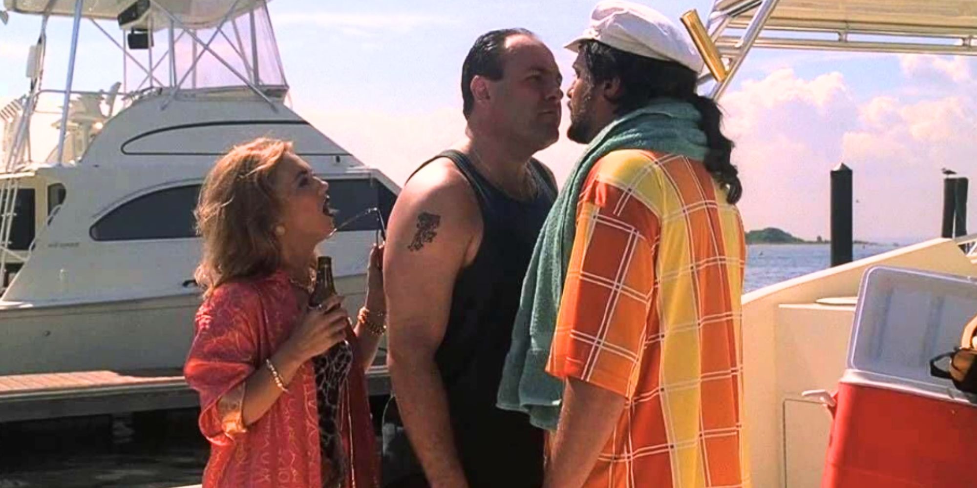 James Gandolfini in Sasha Nesterov&rsquo;s face while Elena Antonenko is next to him yelling in The Sopranos Big Girls Don&rsquo;t Cry