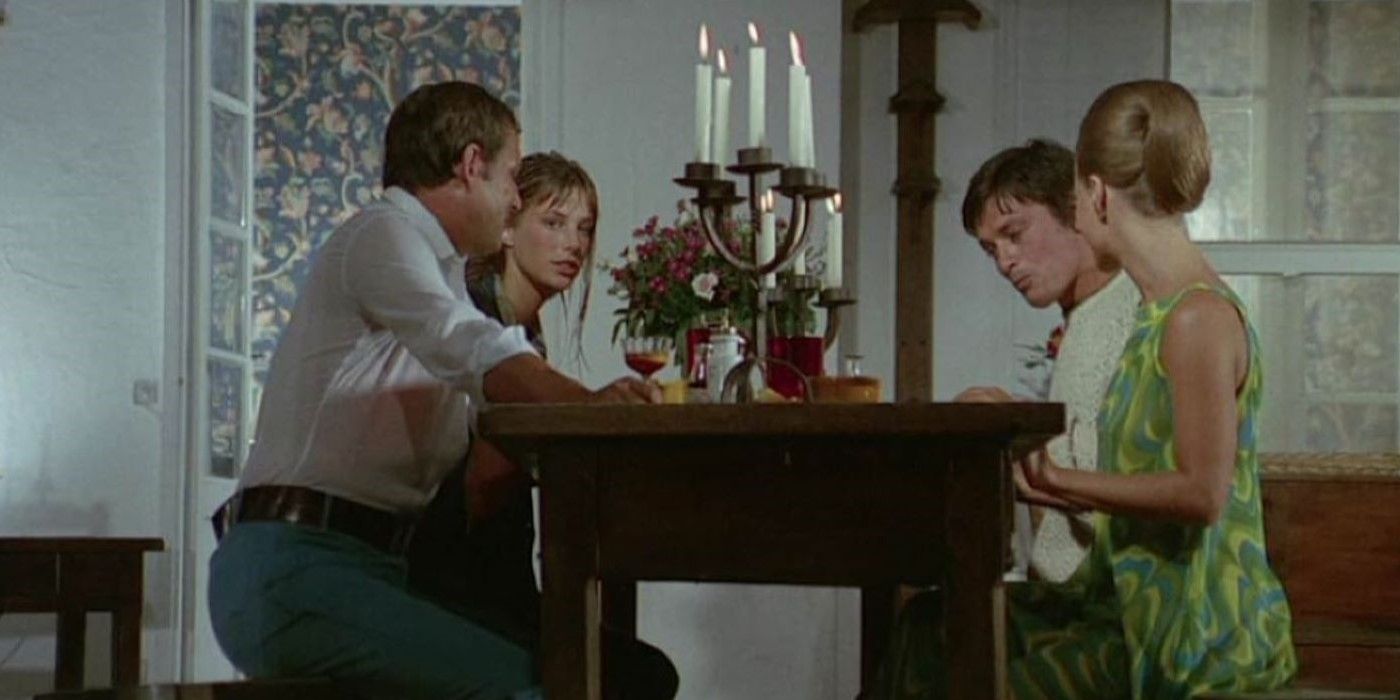 Jane Birkin, Alain Delon, Romy Schneider, and Maurice Ronet in The Swimming Pool