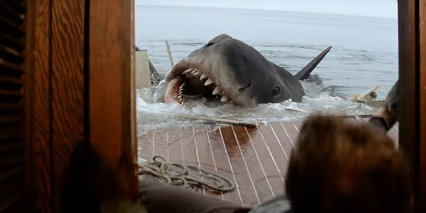 The shark rests on the deck of a sinking ship in 'Jaws'.