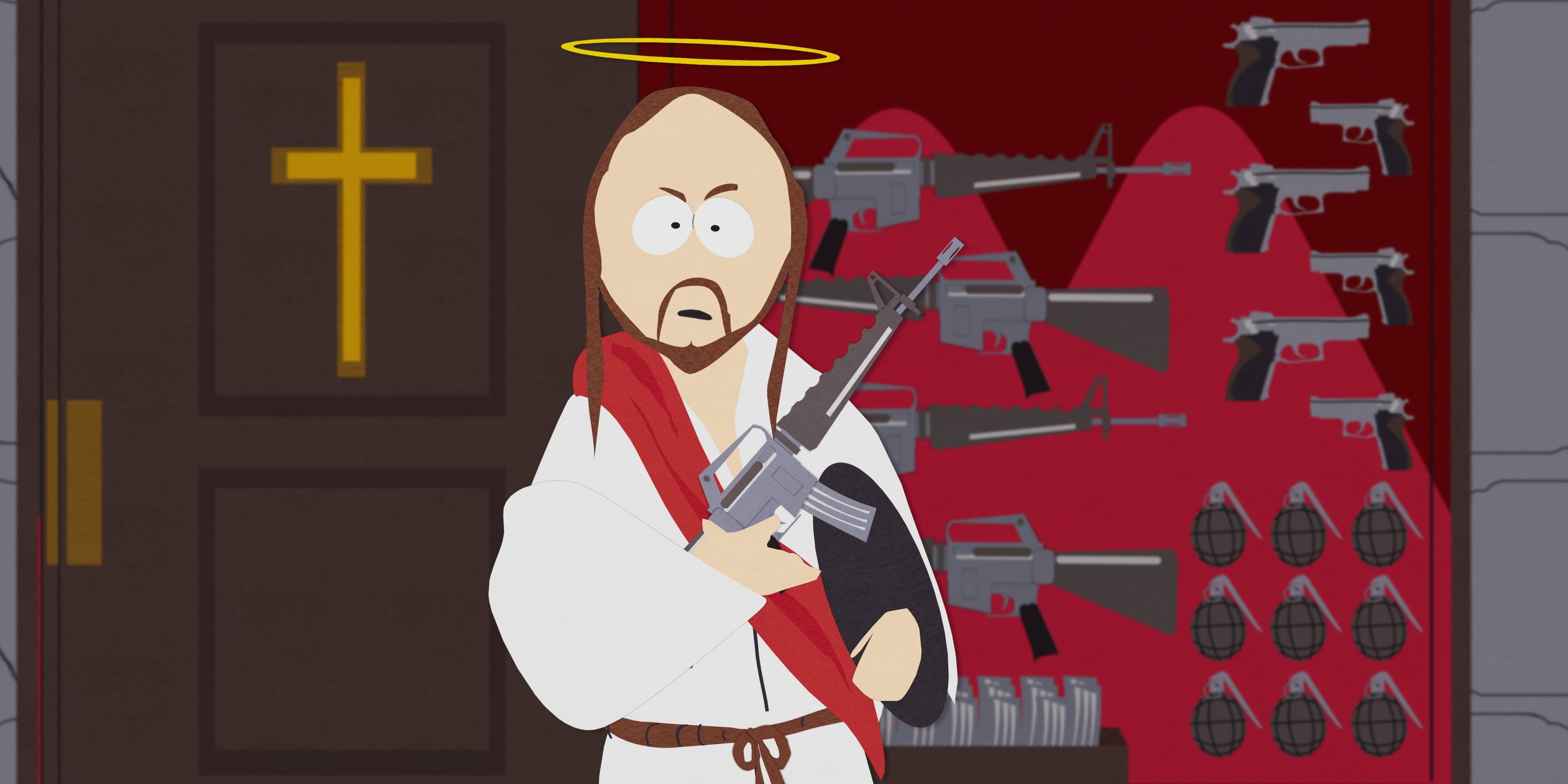 Jesus holding a machine gun in 'South Park'