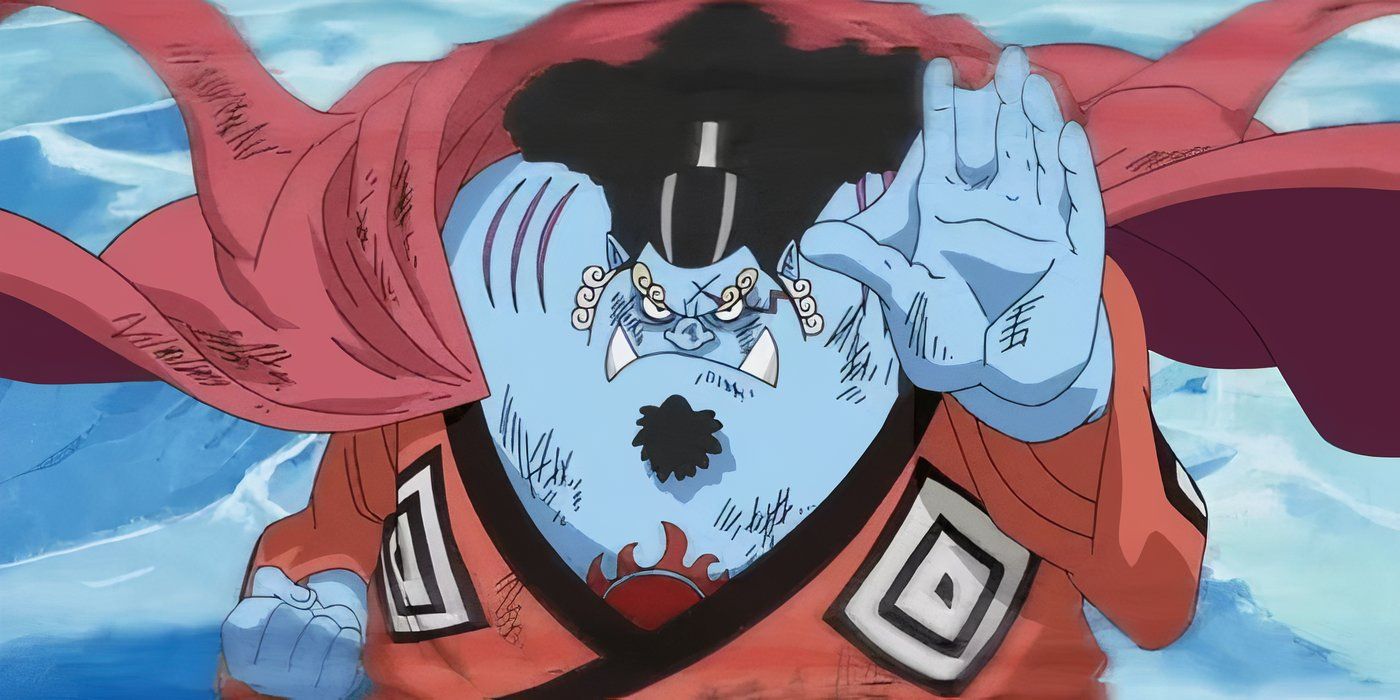 Jinbe holds up a hand and makes a fist with the other hand in One Piece.