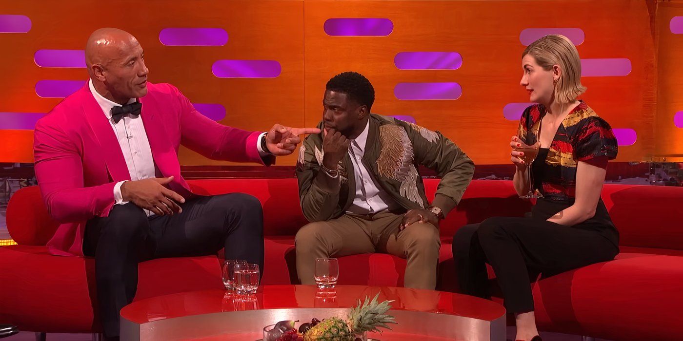 Kevin Hart and Jodie Whittaker listen to Dwayne Johnson on the red couch on The Graham Norton Show.