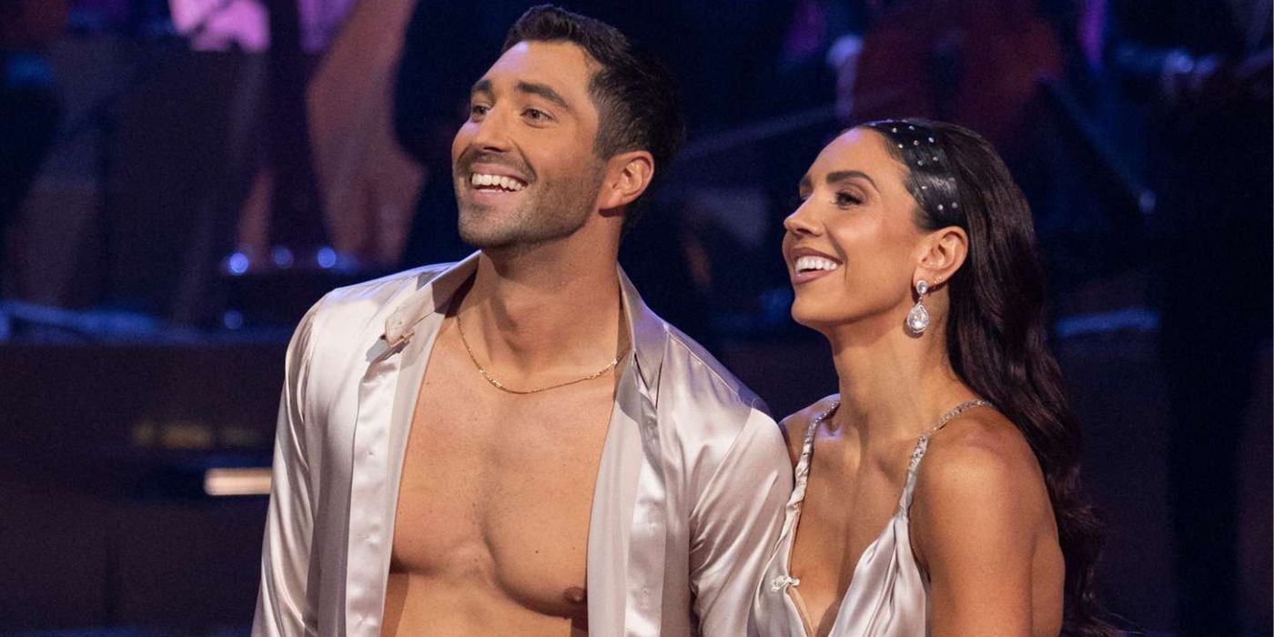 Joey Graziadei and Jenna Johnson smiling in 'Dancing With the Stars' Season 33.