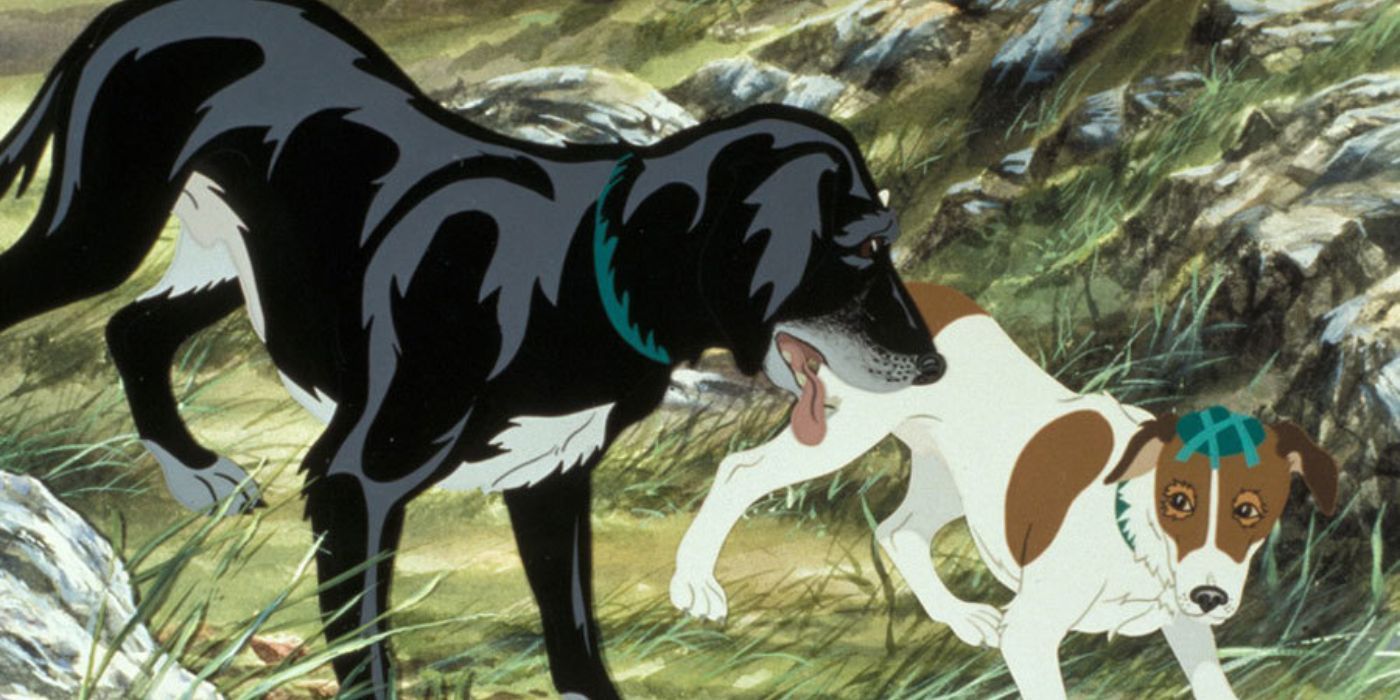 Two animated dogs walk a grassy trail in The Plague Dogs (1982)