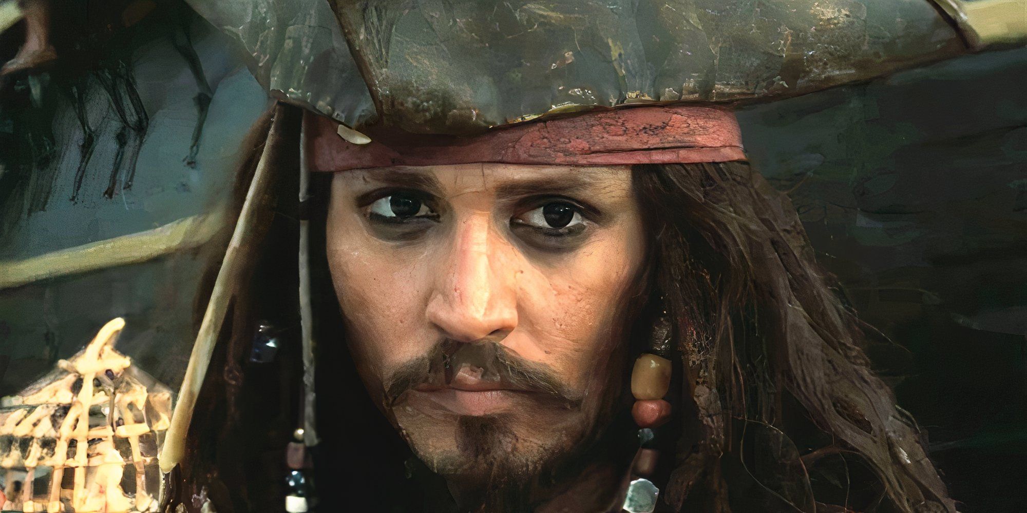 Johnny Depp as Jack Sparrow in Pirates of the Caribbean At World's End looking worried