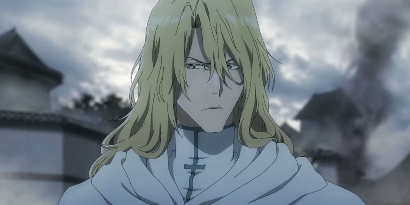Jugram standing in front of burnt buildings in Bleach