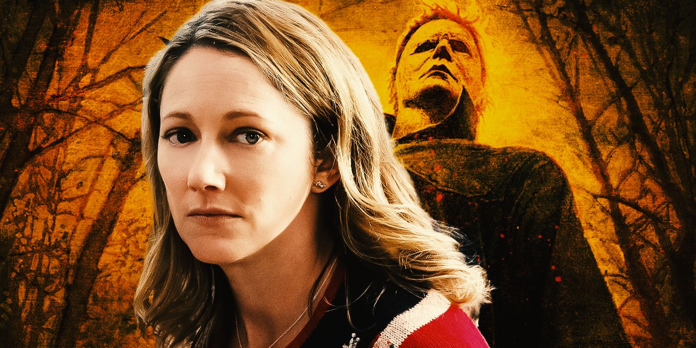 Karen, played by actor Judy Greer, with Michael Myers looming in the background in Halloween