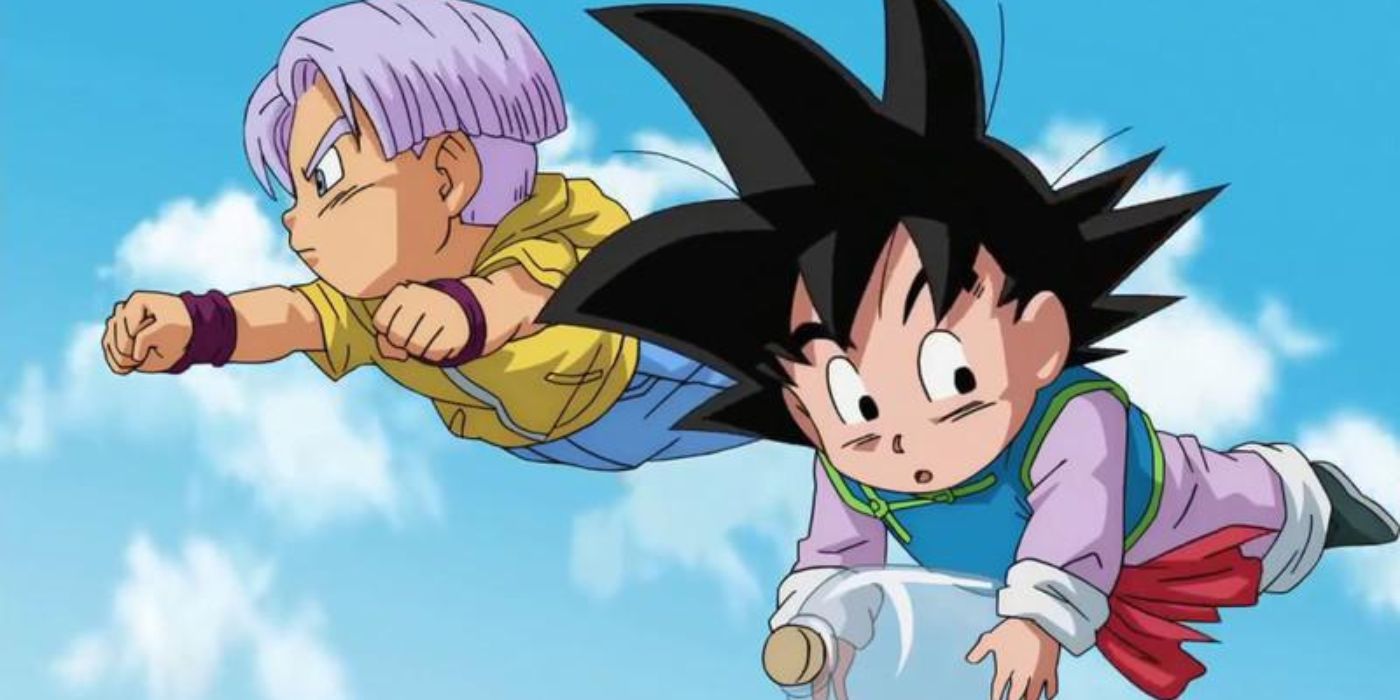 Kid Goten and Kid Trunks flying in the sky, in 'Dragon Ball Super'