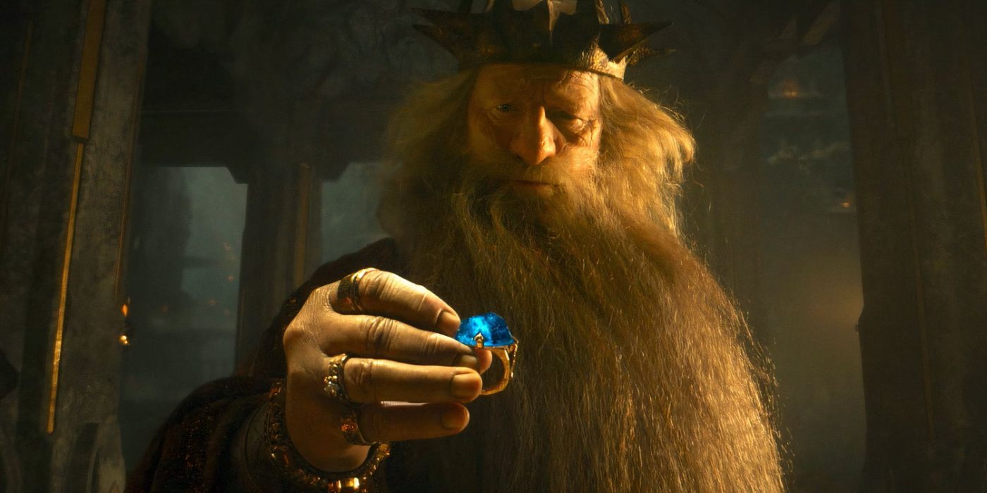 King Durin, played by Peter Mullan, holding one of the Rings in 'Lord of the Rings: Rings of Power' Season 2, Episode 5.