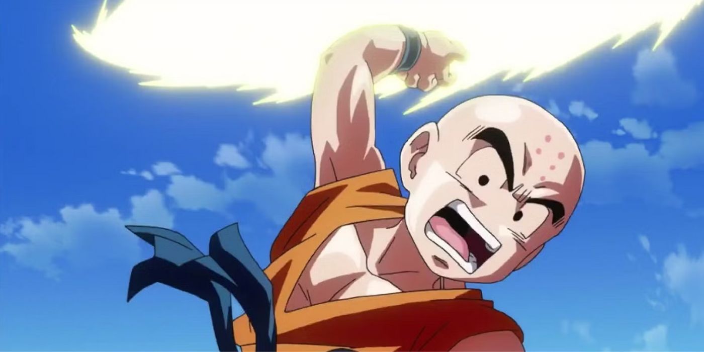 Krillin launching an attack as he stares downward, yelling, in 'Dragon Ball Super'