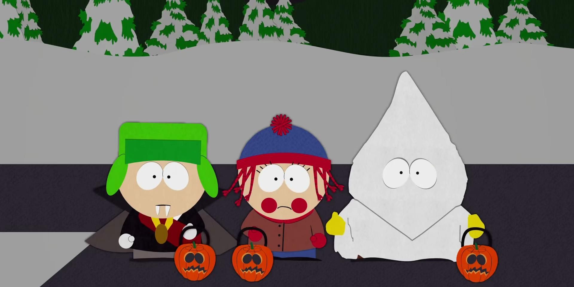 Kyle, Stan, and Cartman wearing Halloween costumes on 'South Park'