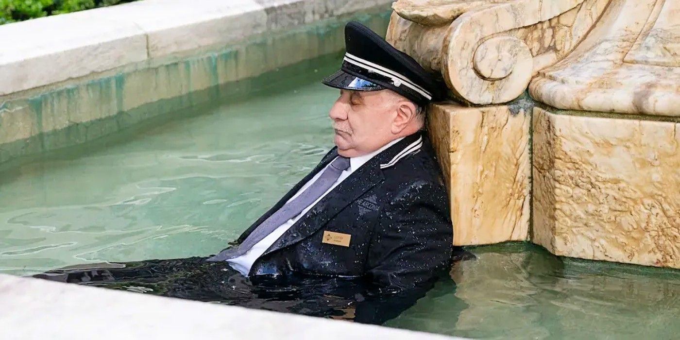 Lester lies dead in the courtyard fountain of The Arconia in the fourth season finale of Only Murders in the Building