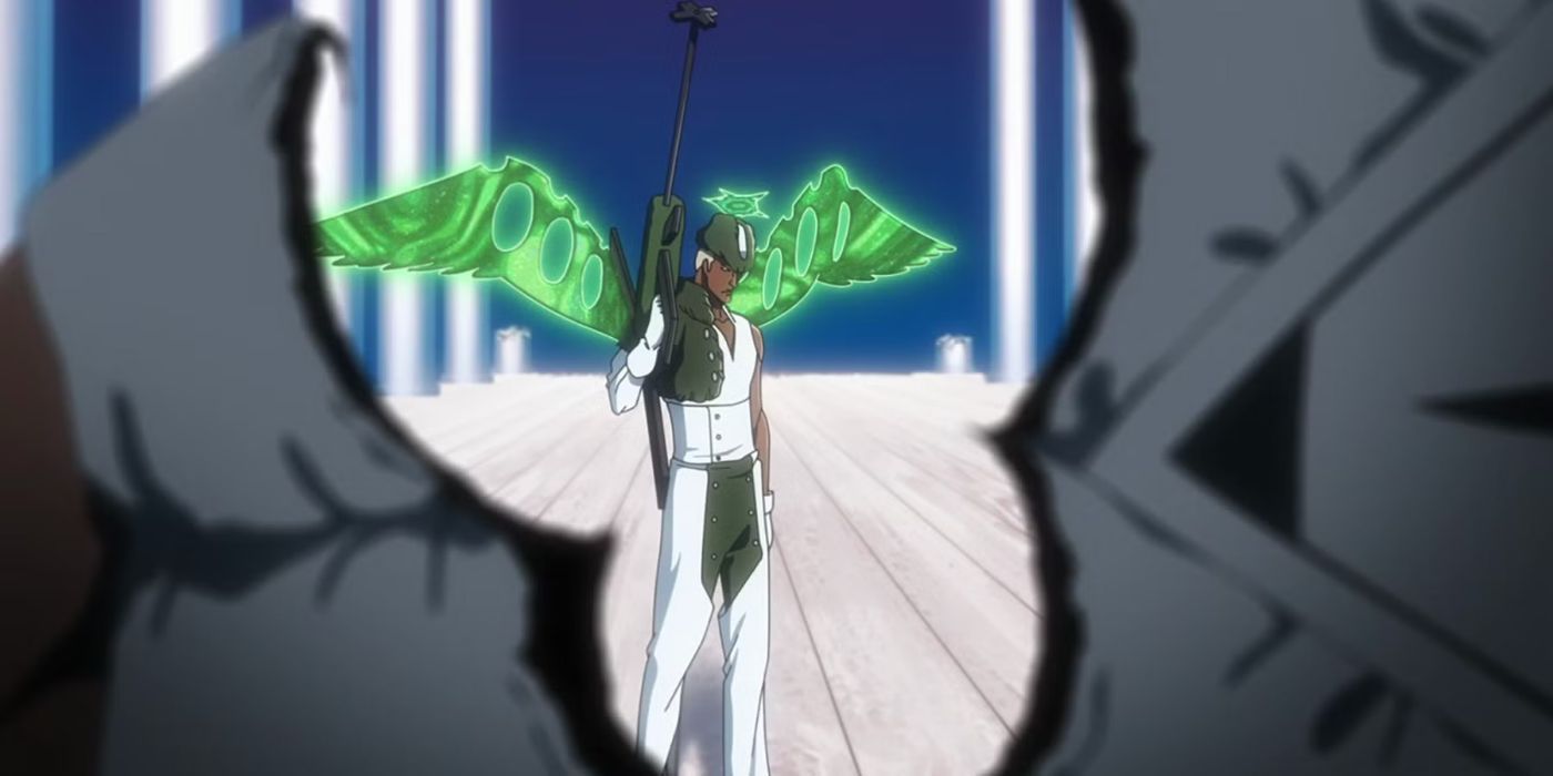 Lille Barro with green wings shooting someone in Bleach
