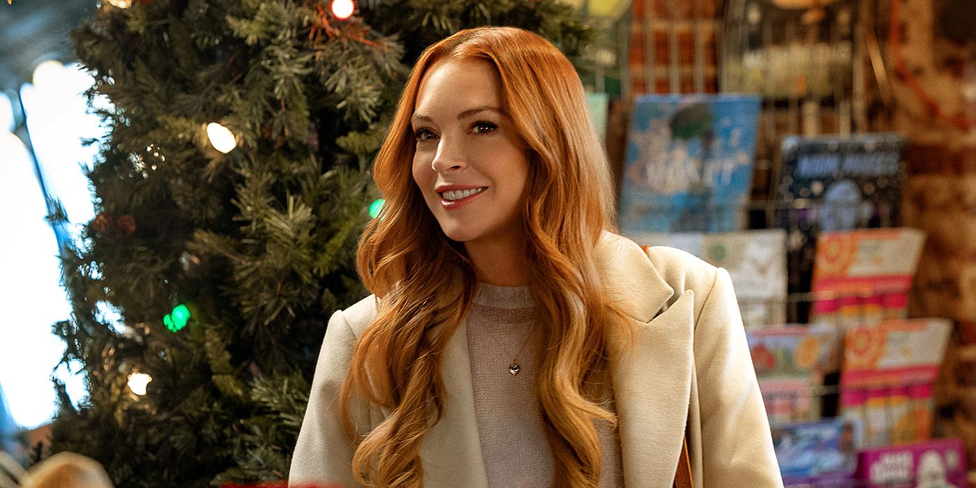 Lindsay Lohan in front of a christmas tree in Our Little Secret