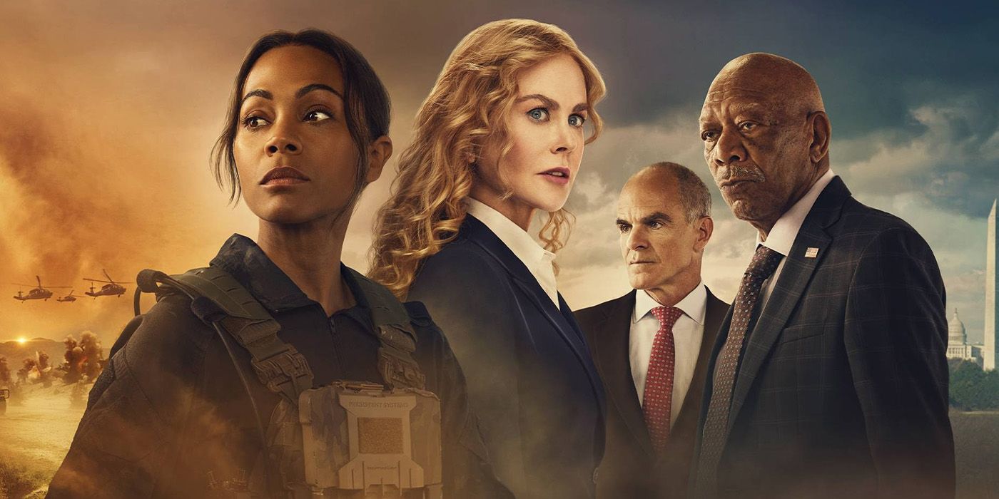 Zoe Saldaña as Joe, Nicole Kidman as Kaitlyn Meade, Michael Kelly as Byron Westfield, and Morgan Freeman as U.S. Secretary of State Edwin Mullins on the Season 2 promotional image for Paramount's 'Lioness.'