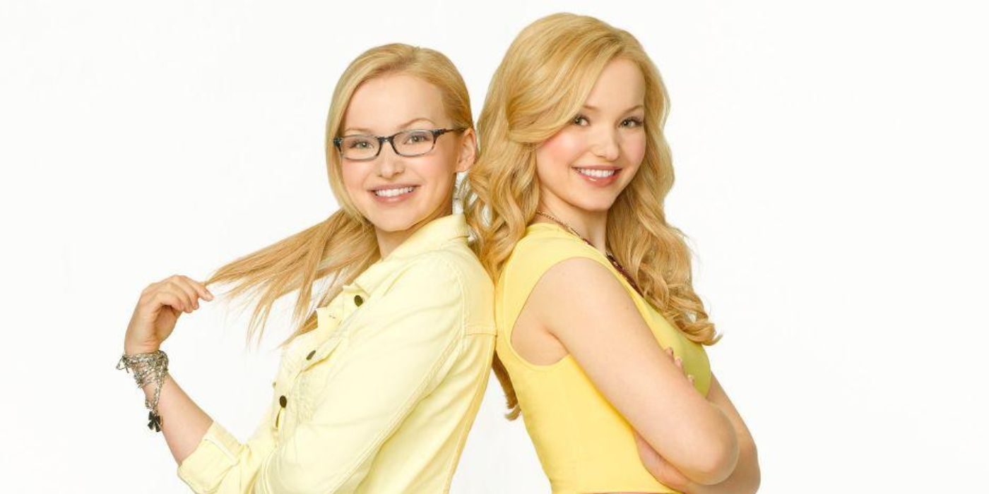 The characters Liv and Maddie pose back to back both wearing yellow with a white backdrop for Liv and Maddie.