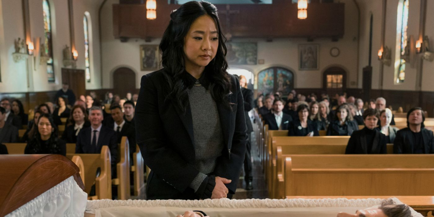 Stephanie Hsu looks into a casket in &lsquo;Laid&rsquo;.
