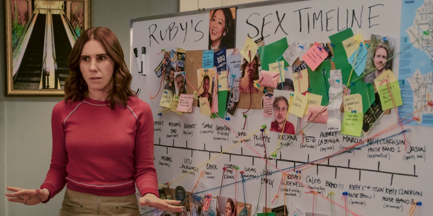 Zosia Mamet wears a red shirt and stands in front of a white board that says &ldquo;Ruby&rsquo;s Sex Timeline&rdquo; in Laid.