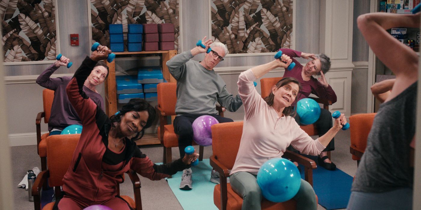 Ted Danson and a handful of cast members do some fun cardio movements in 'A Man on the Inside'