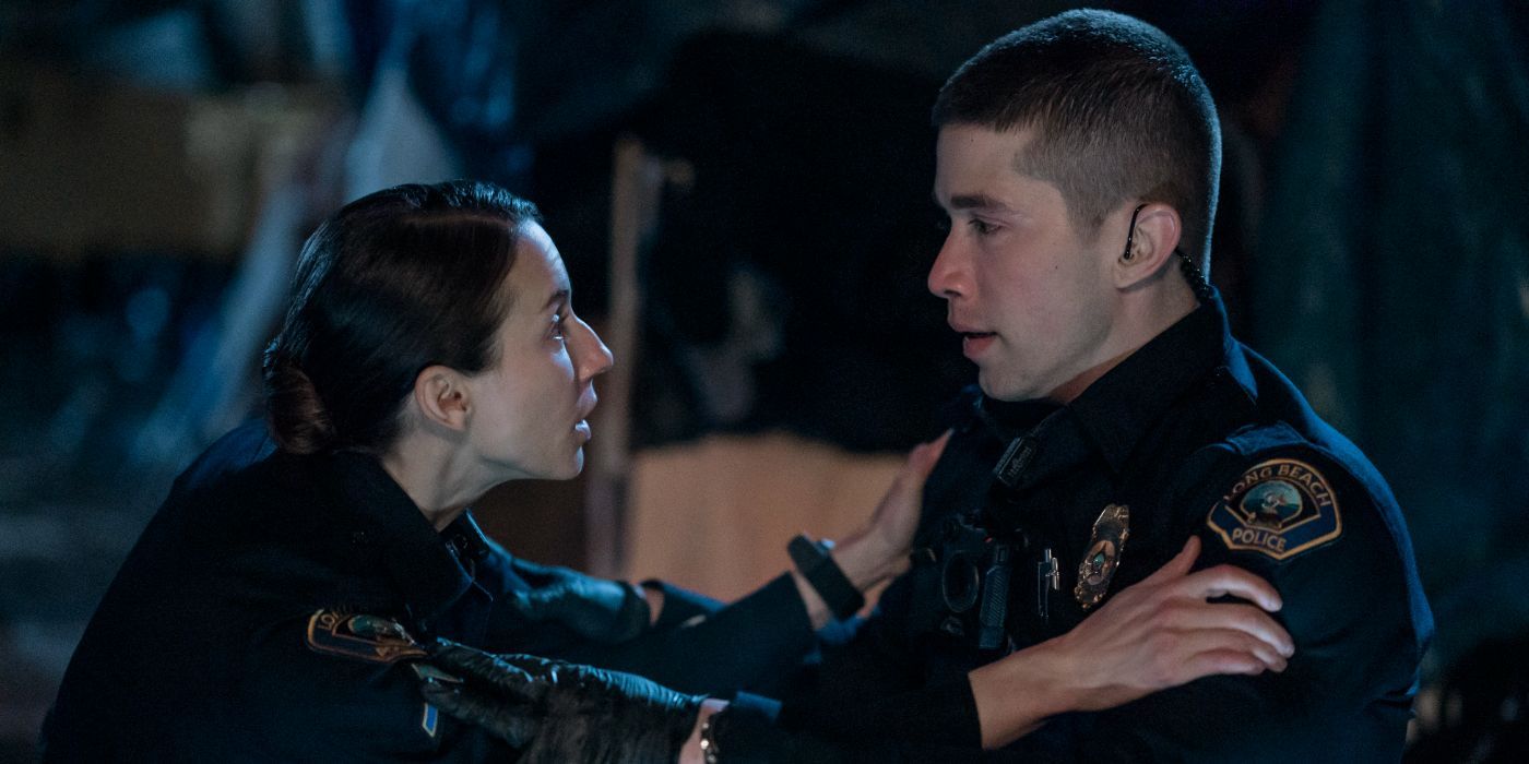 Troian Bellisario's veteran cop shakes the nerves out of Brandon Larracuente's rookie cop in 'On Call'