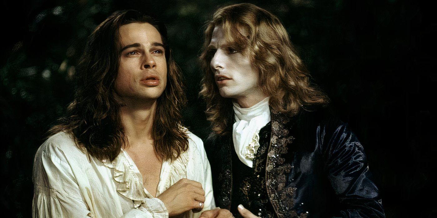 brad pitt with long hair and a white blouse looks afraid of a very pale tom cruise in a satin jacket 