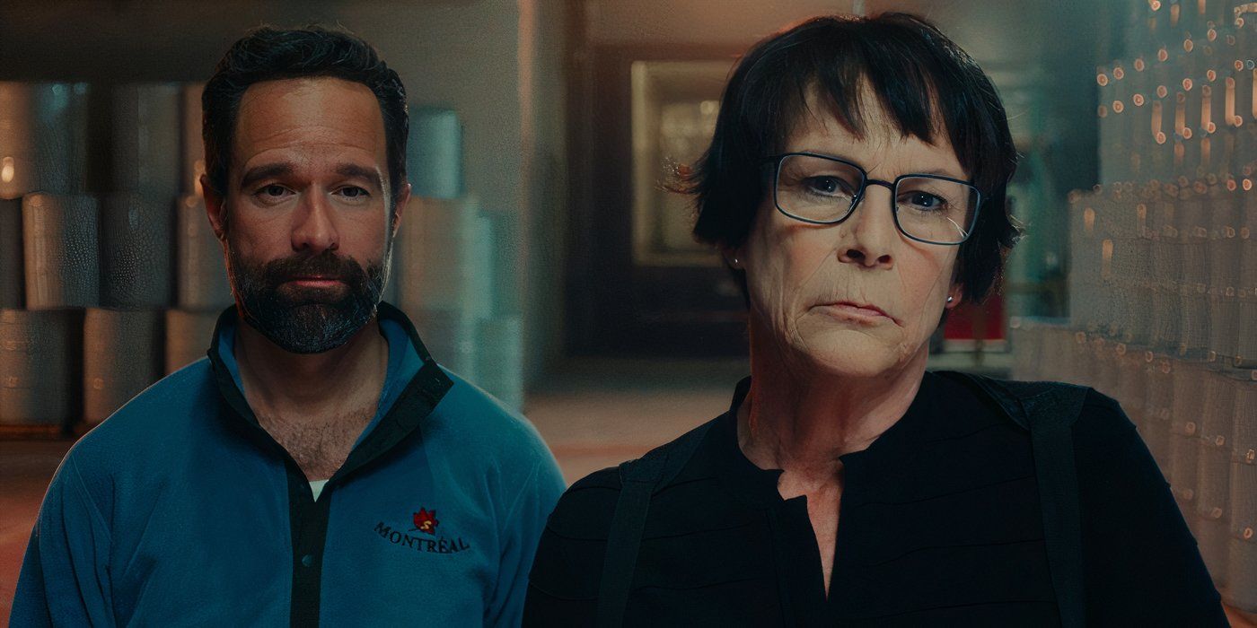 chris diamantopoulos in a blue jacket stands next to jamie lee curtis in a terrible wig