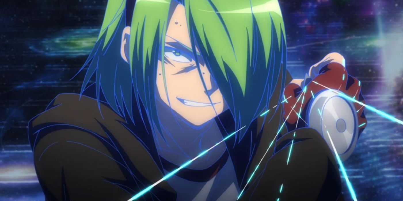 Lubbock from Akame ga Kill using his weapon of wires, grinning as he sweats intensely.