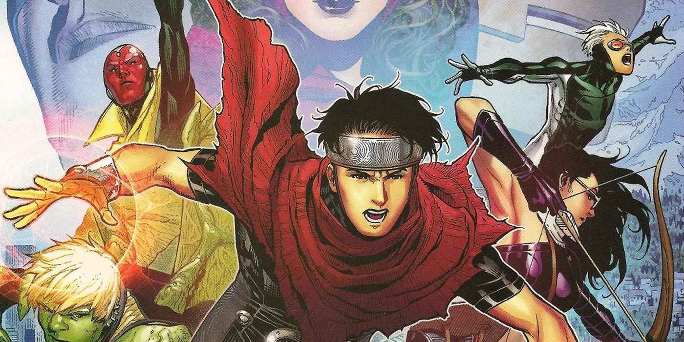 Cover art for &lsquo;Avengers: The Children&rsquo;s Crusade&rsquo; from Marvel Comics with Wiccan, Speed, Vision, etc.