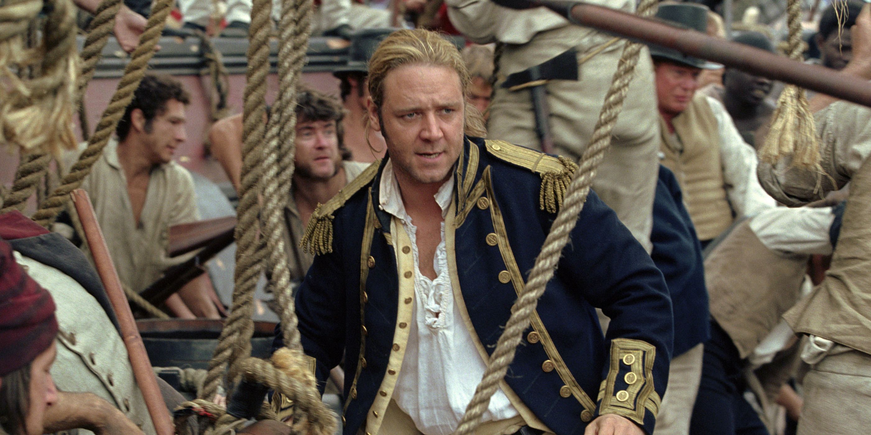 Russell Crowe as Captain Jack Aubrey on a ship in a scene in Master and Commander: The Far Side of the World