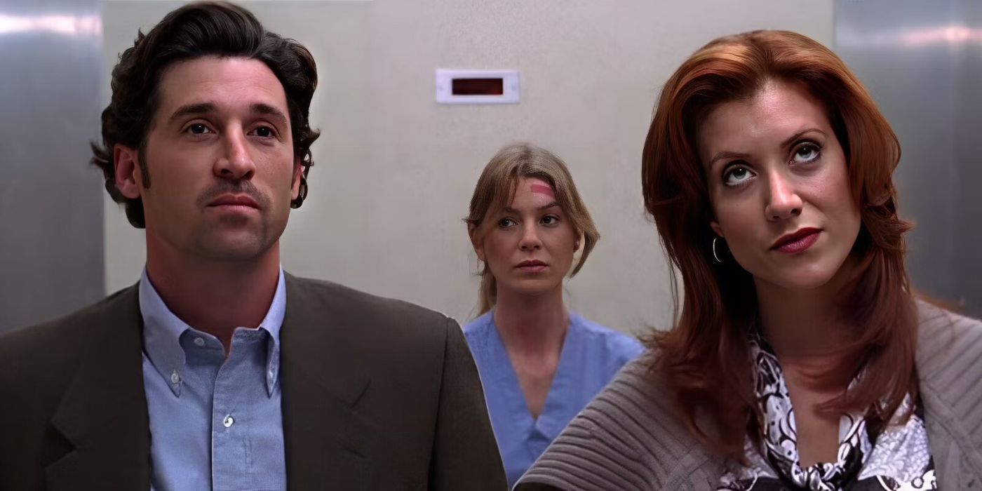 Derek, Addison, and Meredith in an elevator in Grey&rsquo;s Anatomy