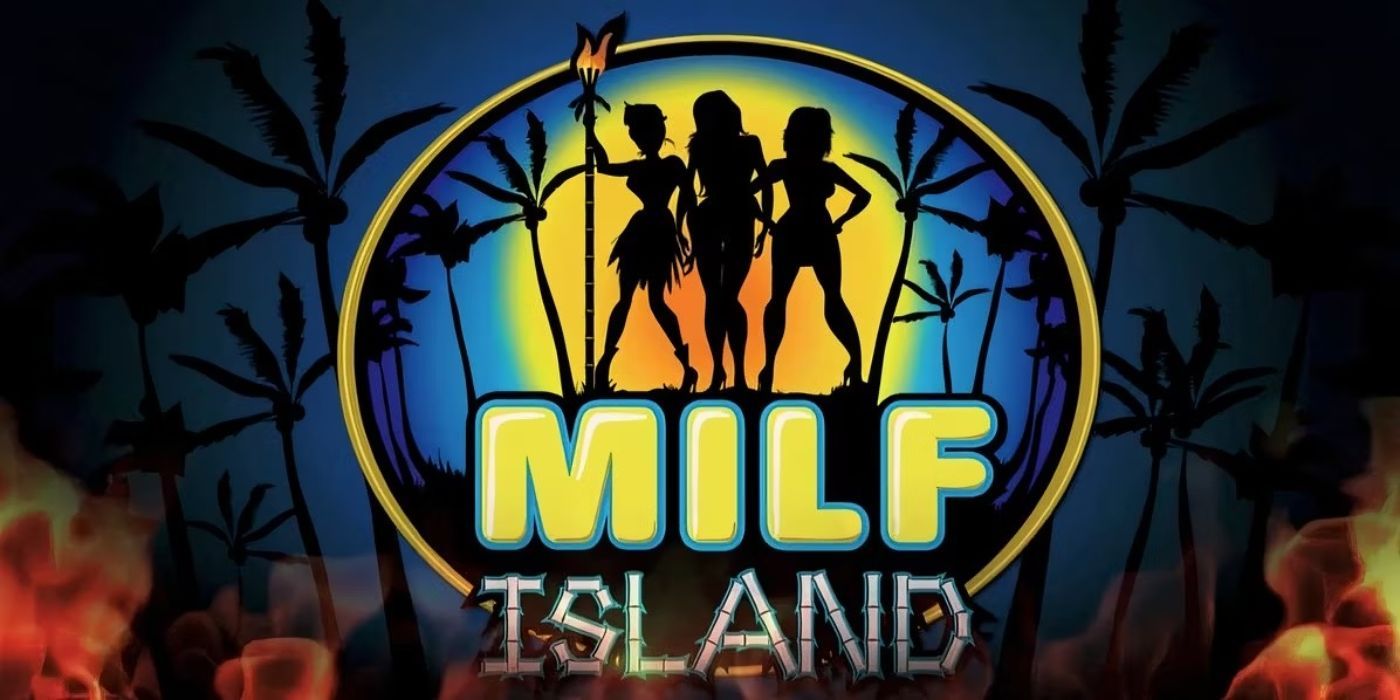 The logo for the fake show MILF Island on 30 Rock has silhouettes of women with a tropical background.