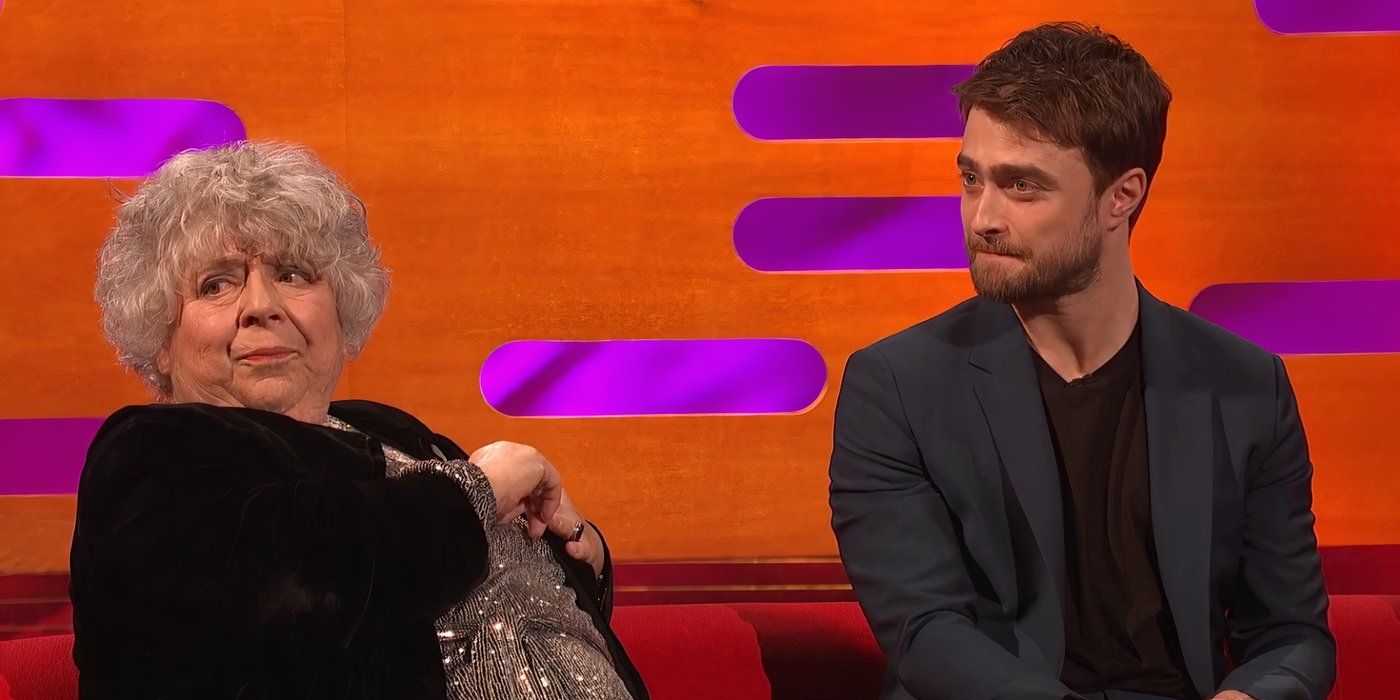 Miriam Margolyes and Daniel Radcliffe sit on the red couch on The Graham Norton Show.