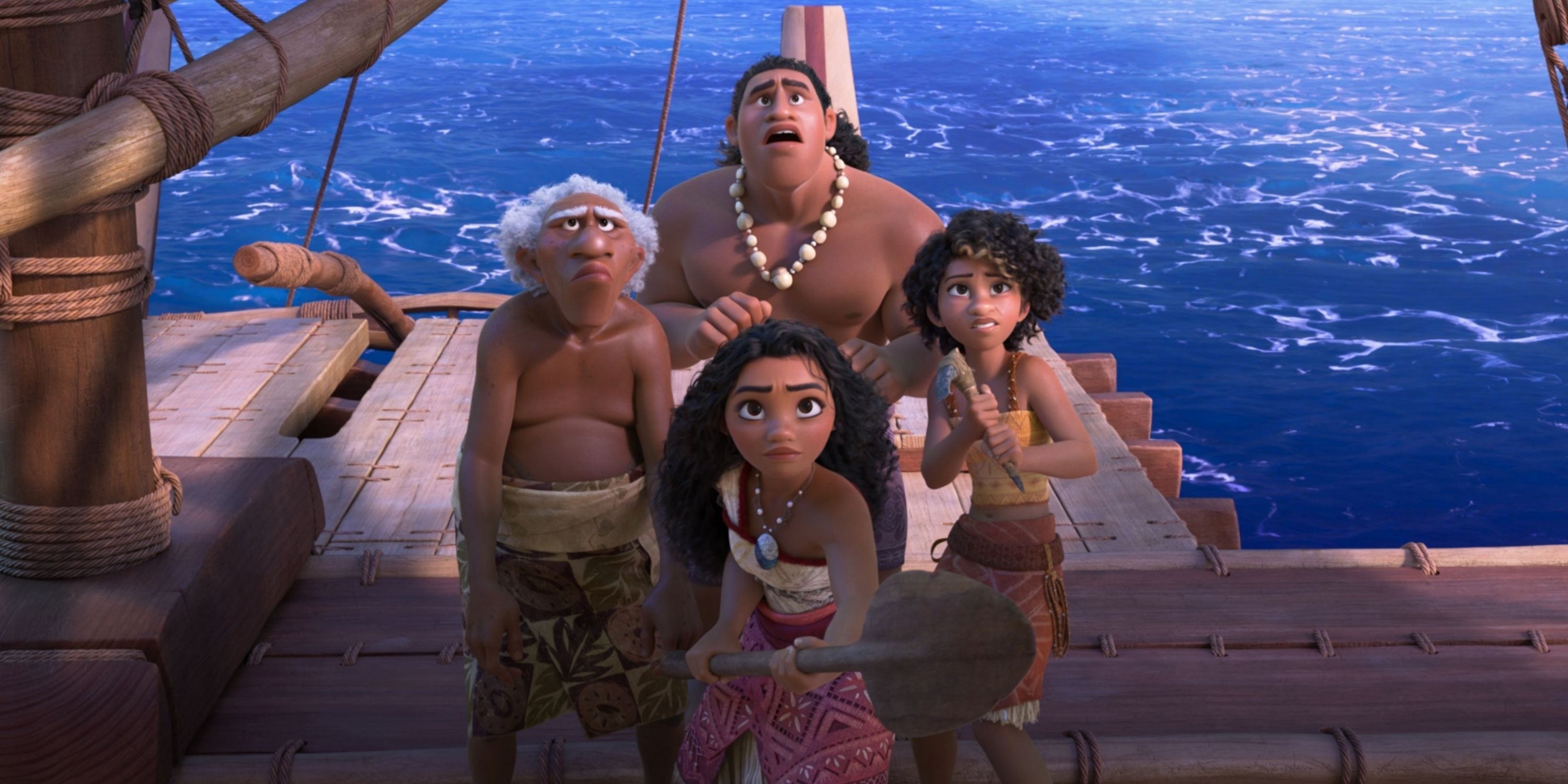 Moana (Auli'i Cravalho) with her new crew of Loto, Moni and Kele setting sail in Moana 2