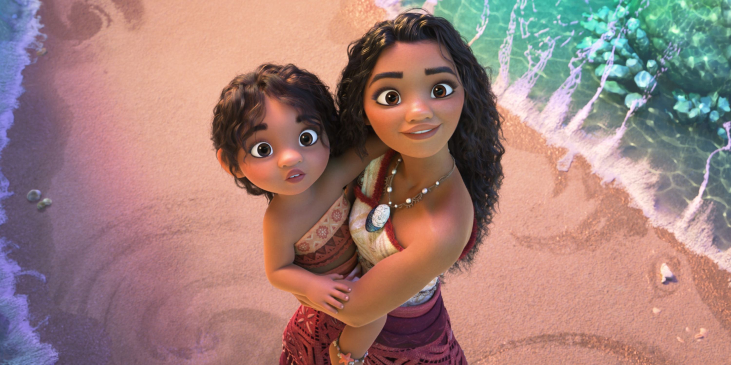 Moana (Auli'i Cravalho) holding her younger sister Simea (Khaleesi Lambert-Tsuda)?in Moana 2